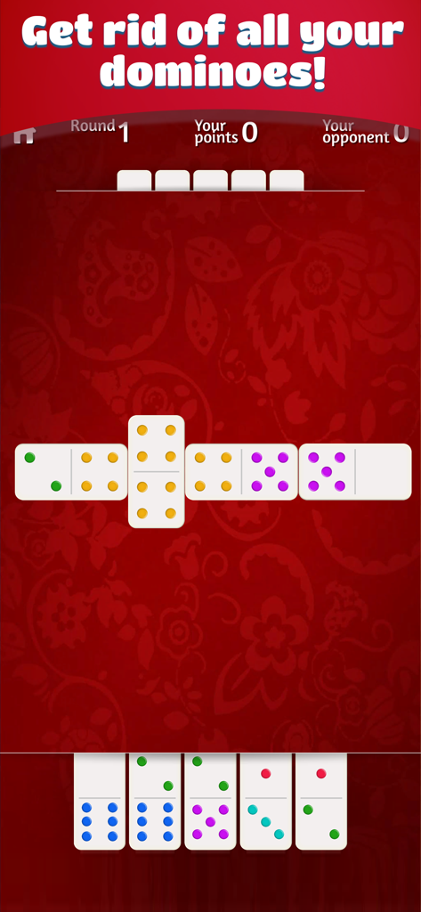 A gameplay screen of Dominoes Classic Edition featuring tiles laid out on a decorative red background.