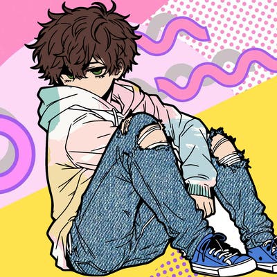 a male hoddie ripped jeans messy hair anime