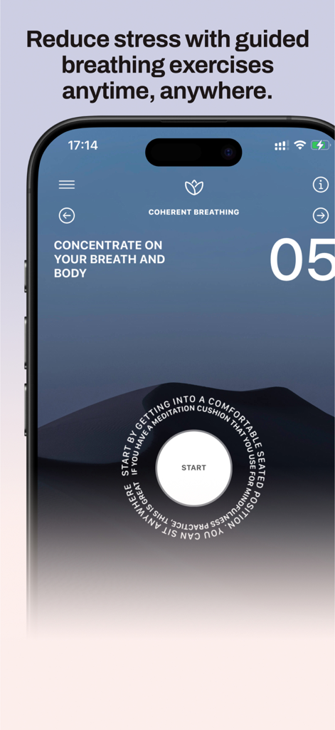 BreatheIn: Calm Breathing - BreatheIn app interface on an iPhone displaying a coherent breathing guided exercise with a start button and timer.