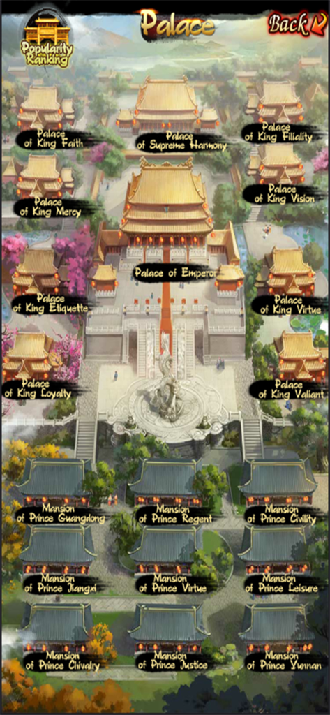 Overhead map view of the Imperial Palace showing various King and Prince buildings in Be The King Judge Destiny.