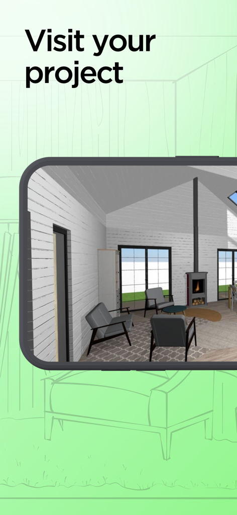 Uma visita virtual 3D de um design de sala de estar moderno exibido na tela de um smartphone