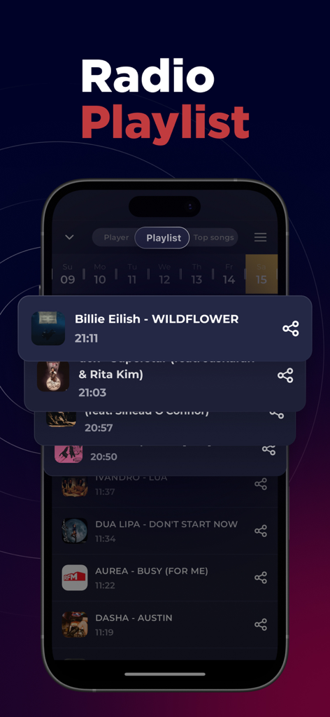 Un smartphone mostrando la lista de reproducción de canciones de una emisora de radio portuguesa.