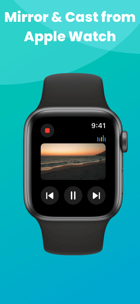 An Apple Watch displaying media controls and a beach video being mirrored from the Miracast app.
