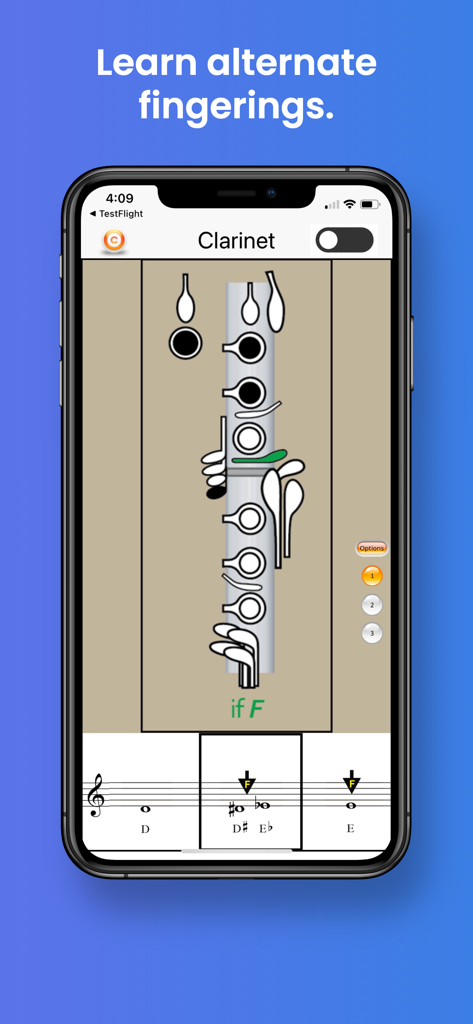 Clarinet Fingering & Tuning - Interface do aplicativo de digitação de clarinete mostrando digitações alternativas e notação musical