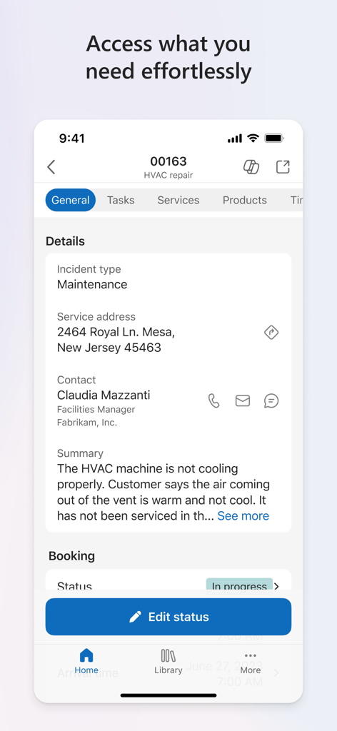 Dynamics 365 Field Service - Dynamics 365 Field Service mobile App-Oberfläche zeigt Details zu einem HVAC-Reparaturauftrag und eine Zusammenfassung des Vorfalls an