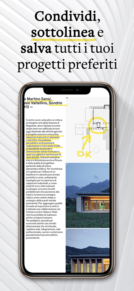 Casabella - Interfaccia dell'app Casabella che mostra un articolo di architettura con testo evidenziato e una planimetria tecnica su uno smartphone.