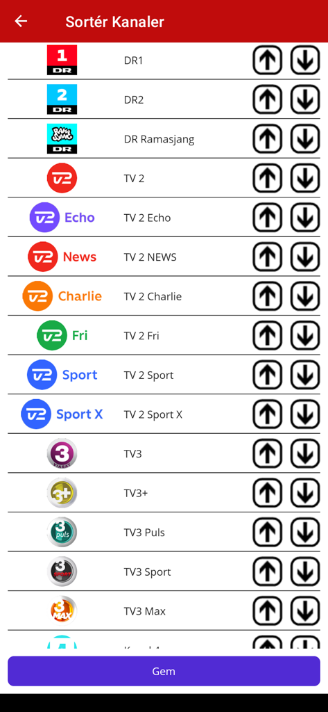 Settings screen for sorting and reordering Danish TV channels within the app