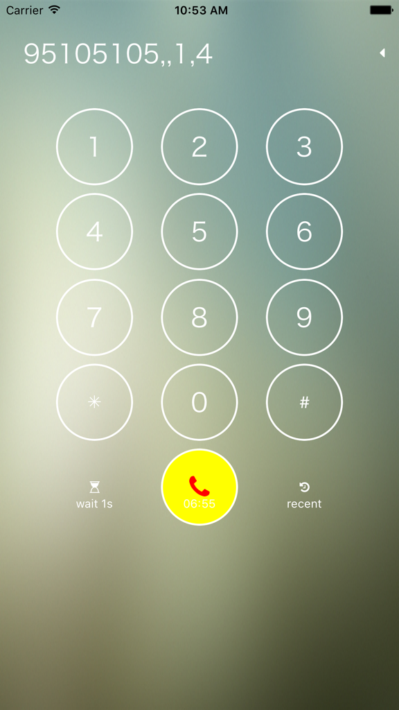 Auto Redial with DTMF number, scheduled call phone - Auto Redial app dialer screen showing a keypad and a phone number with a programmed DTMF sequence