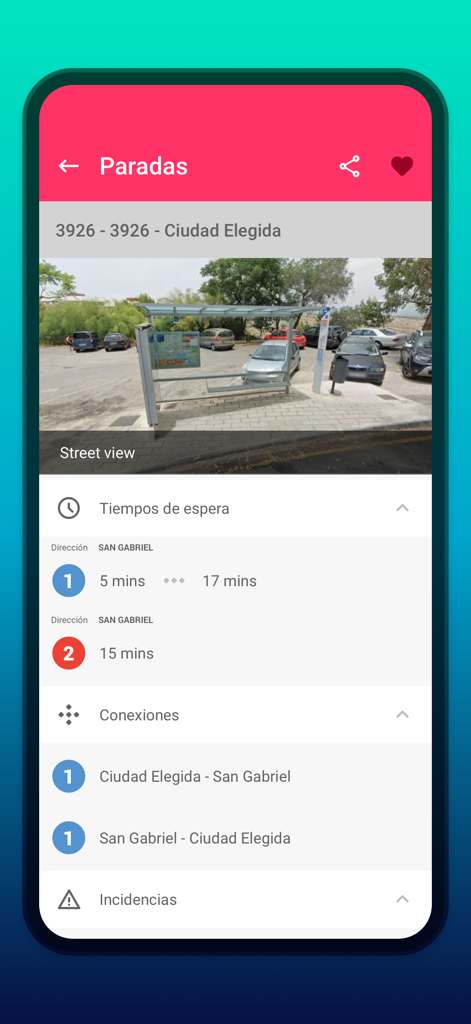 Alicante Bus - Alicante Bus app interface showing real-time bus arrival times, connections, and a street view image for a specific bus stop.