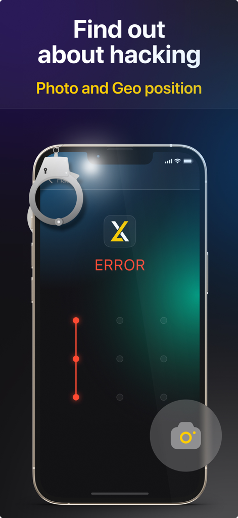 Lock photos.Hidden video vault - Recurso de detecção de intrusos mostrando uma tela de erro e ícone de câmera para capturar fotos de tentativas de acesso não autorizado.