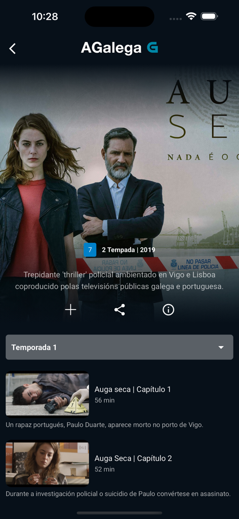 AGalega - Interface of the AGalega app displaying the series details and episode list for the Galician thriller Auga Seca