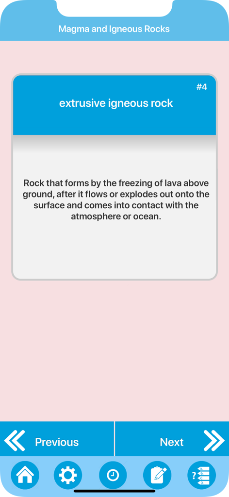 Flashcard from the Learning Earth Science app defining extrusive igneous rock.