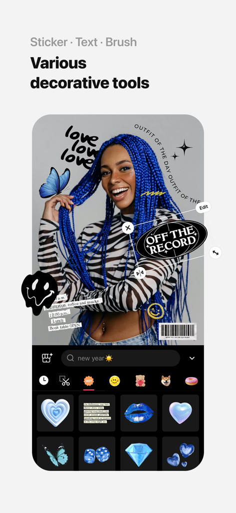 Interface utilisateur de l'application EPIK montrant divers autocollants décoratifs et du texte ajoutés au portrait d'une femme.