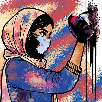 realistic girl with mask spray painting a wall