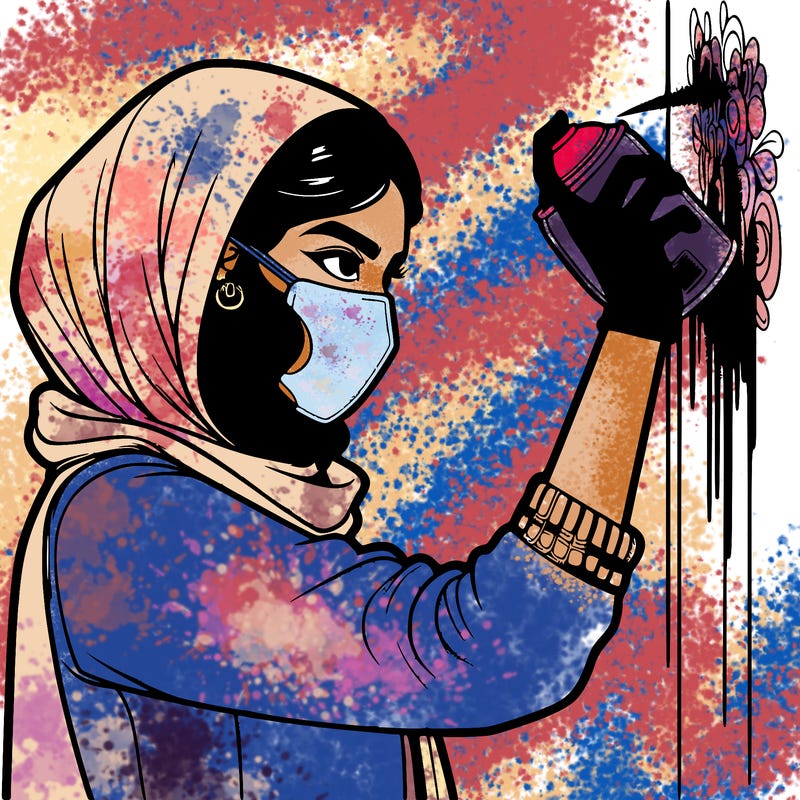 realistic girl with mask spray painting a wall