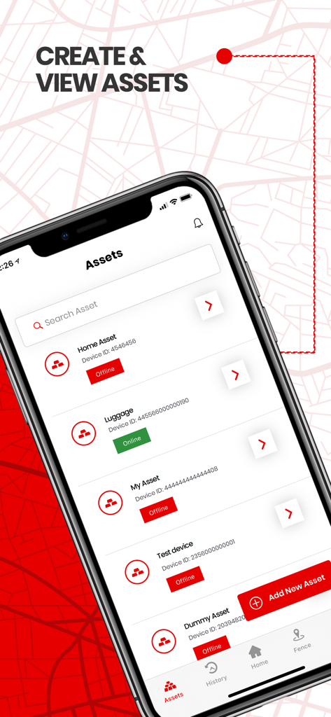 Vodafone Smart Tracker - Interfaccia dell'app Vodafone Smart Tracker che mostra un elenco di asset tracciati, inclusi bagagli e articoli per la casa, con stato online e offline