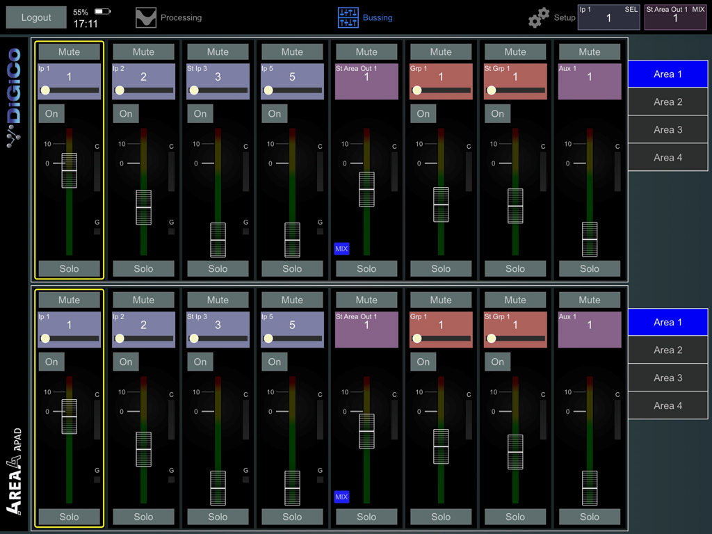 Professional audio mixing interface on the DiGiCo 4REA4 APAD app featuring channel faders and area controls