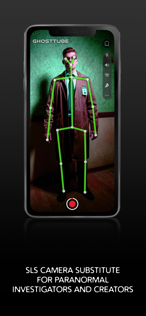 GhostTube SLS Camera App zeigt eine Benutzeroberfläche zur Kartierung humanoider Skelette