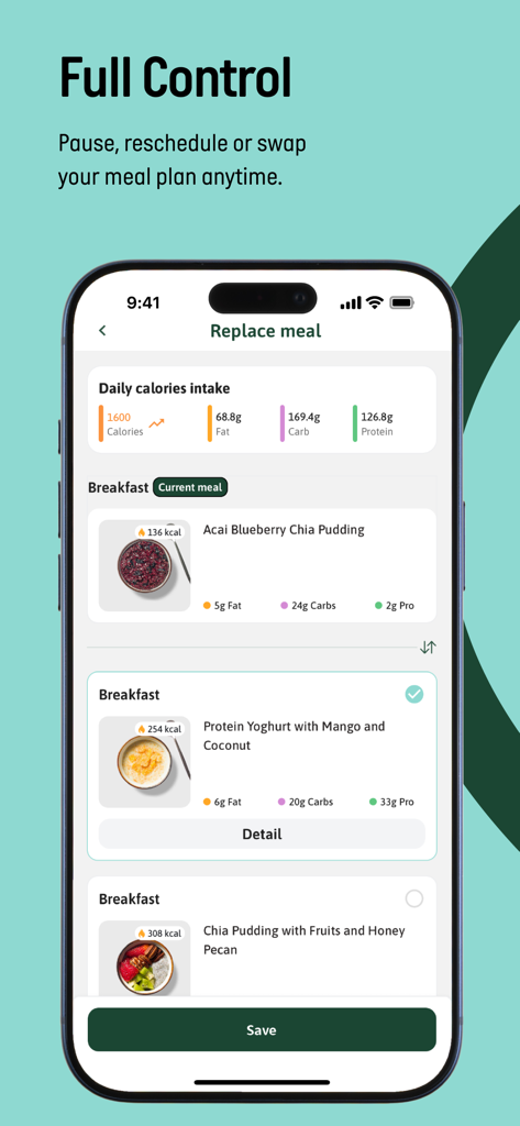 Kcal Meal Plans - Schermata dell'app mobile che mostra opzioni di sostituzione dei pasti con dettagli calorici e proteici per una dieta sana