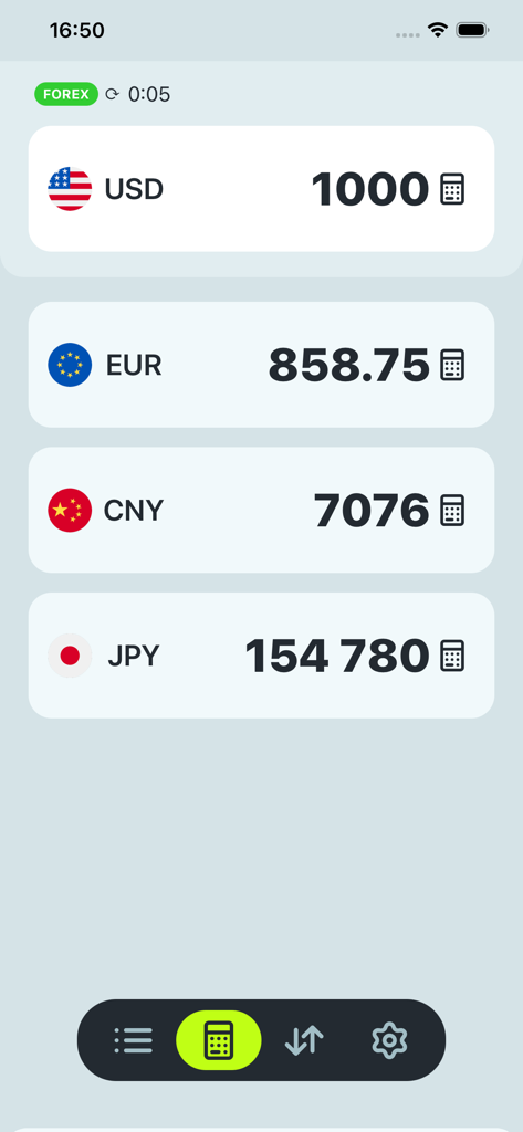 Interface of the Forex converter app showing exchange rates for USD EUR CNY and JPY