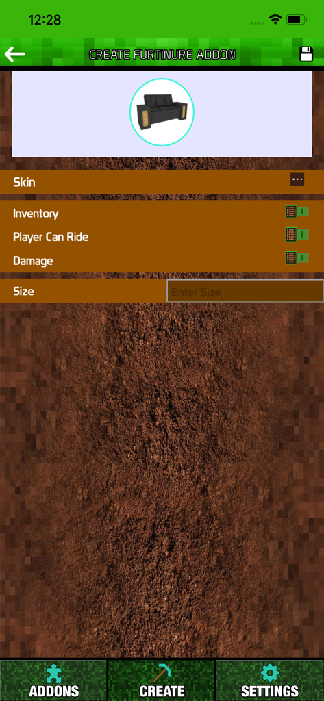 Interface for creating a custom furniture addon for Minecraft featuring a sofa model and behavior settings