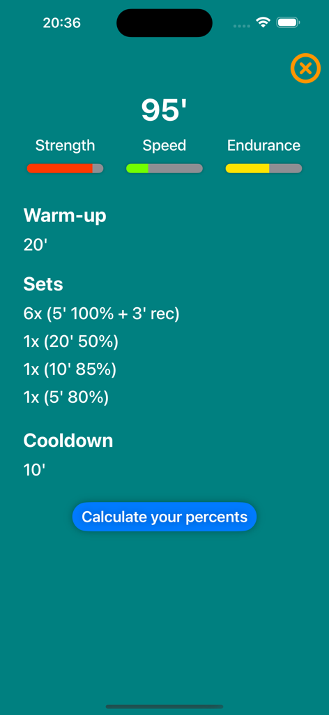 BikeTraining - Pantalla de la aplicación BikeTraining que muestra una sesión de entrenamiento de ciclismo personalizada de 95 minutos con intervalos e intensidades específicas