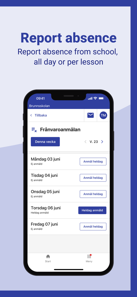 Interface of the SchoolSoft Elev app showing the report absence feature for students