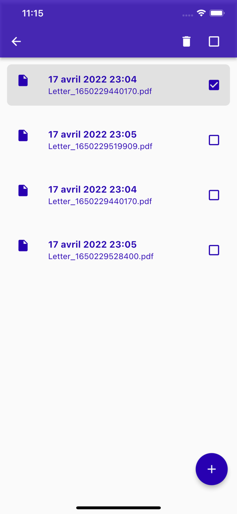 Mobile app interface showing a list of saved cover letter PDF files ready for export