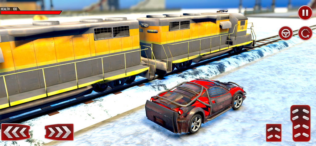 Train Car Derby Crash Sim 3D - A red sports car and a yellow train on snowy tracks in a 3D destruction derby game