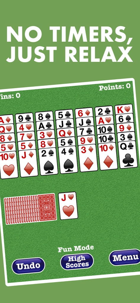 Golf Solitaire mobile game screen with large easy to read cards and a message promoting a relaxed experience with no timers.