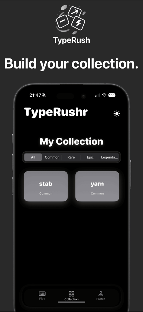 TypeRushr – Fast Typing Game - Une capture d'écran de l'application TypeRushr montrant l'écran Ma Collection avec des mots communs et des filtres de rareté en mode sombre.