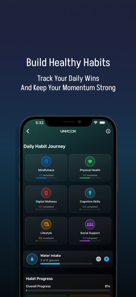 Unhook: Quit Porn & Reboot - Unhook app dashboard displaying a daily habit journey with progress tracking for wellness and health categories.