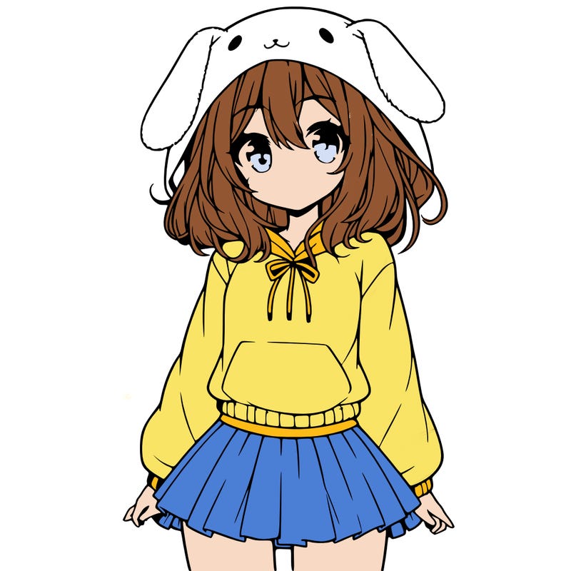 pretty anime girl wearing a fluffy hoodie with bunny ears on the hood and a skirt