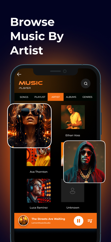 Resso Music - Discover Songs - A mobile app screen showing a music library sorted by artist with portrait images and a dark minimalist theme