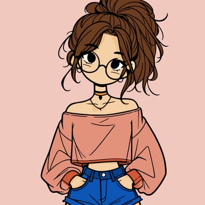girl with a messy ponytail glasses a baggy crop top and jean shorts