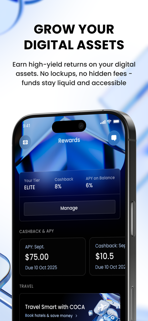 COCA: Crypto Card & Wallet - COCA app rewards dashboard showing high-yield APY and cashback on crypto assets.