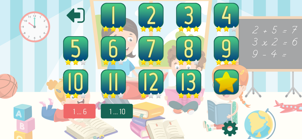 Вычитание и сложение до 10 - Educational math app level selection menu featuring numbered progress icons and classroom background