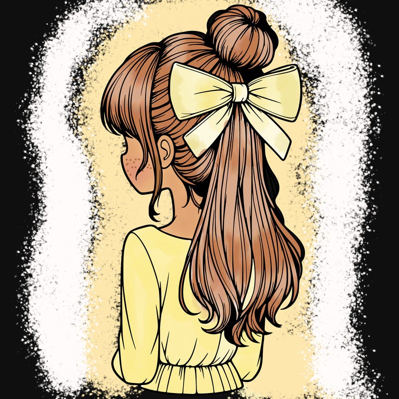 realistic girl  with hip length hair a bun and a big bow on the back of head