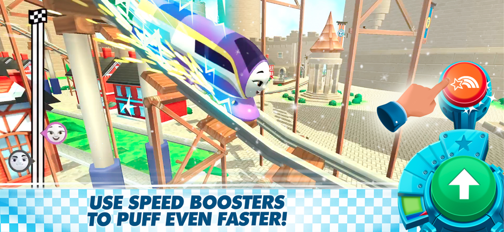 A purple engine using a speed booster to race through a castle track in Thomas and Friends Go Go Thomas