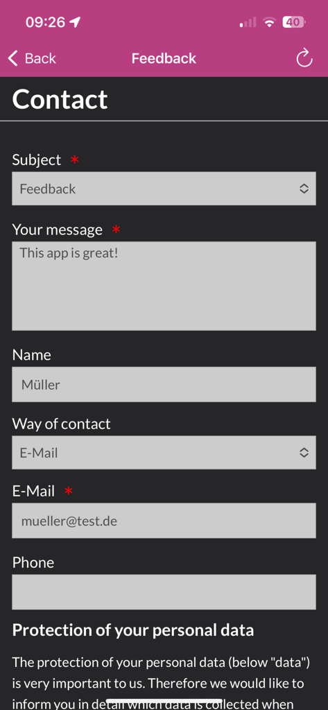 Kontakt- und Feedbackformularbildschirm für die INSA Nahverkehrs-App