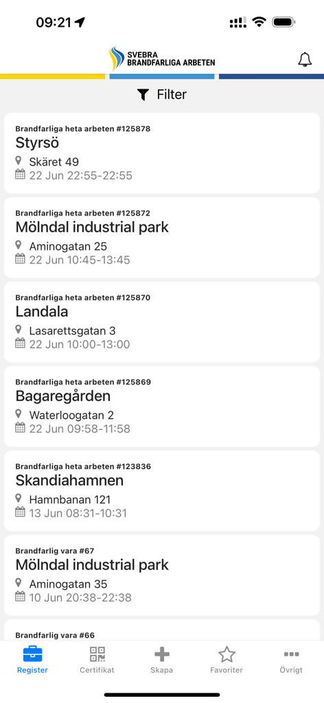 Brandfarliga arbeten - Mobile app interface showing a list of hot work permits with location and time details.