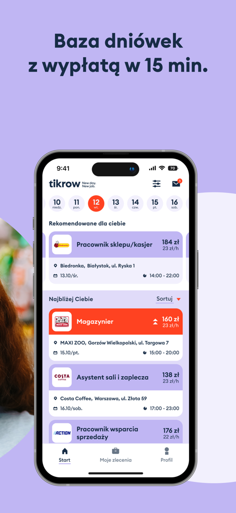 Tikrow mobile app interface showing available daily job shifts with instant hourly pay rates for retail and warehouse work.