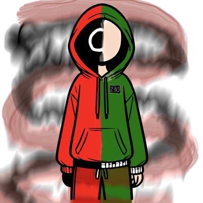 faceless girl in a tracksuit with a hood on and no hair