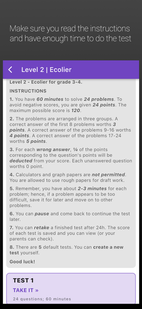 kMath - IKMC Kangaroo Math - Test instructions for the Ecolier level in the kMath app