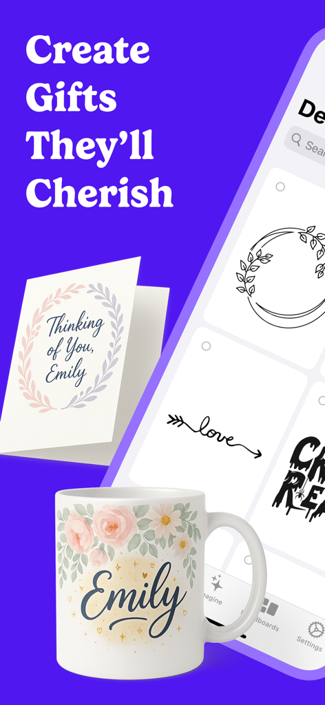 Crafti: Design for Makers - Personalized mug and greeting card with floral patterns and custom text created using the Crafti app