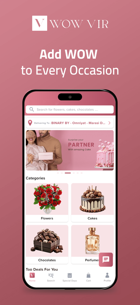WOW VIR: Flowers Cakes & Gifts - Interfaz de la aplicación móvil WOW VIR mostrando categorías de regalos, incluyendo flores, pasteles, chocolates y perfumes