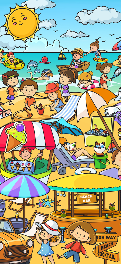 Stickers Diary - ASMR puzzle - A vibrant cartoon beach illustration from Stickers Diary featuring cute characters and summer activities.
