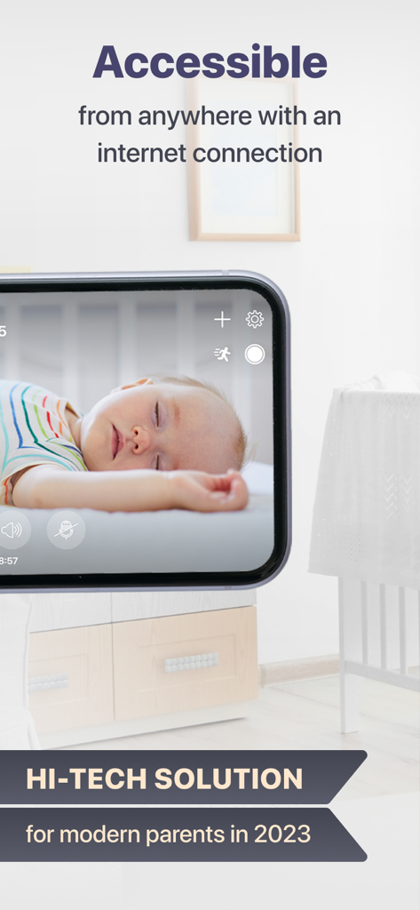 Smartphone che mostra un bambino che dorme tramite l'app Baby Monitor 5G