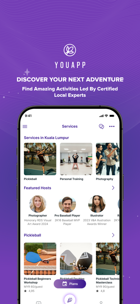 YouApp: Trips & Experiences - YouApp mobile interface displaying local activities including pickleball, personal training, and photography led by verified experts.