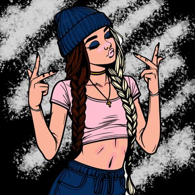 realistic teenage girl with braids and a beanie and crop top doing 🫶🏼